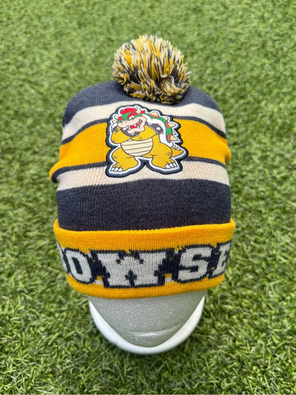 Nintendo Super Mario Bowser Beanie Hat Striped Pom Pom Winter Knit Cap One Size
